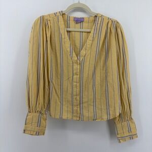 Lotus & Lavender Yellow Striped Cotton Button‎ Front Tie Back Blouse Large